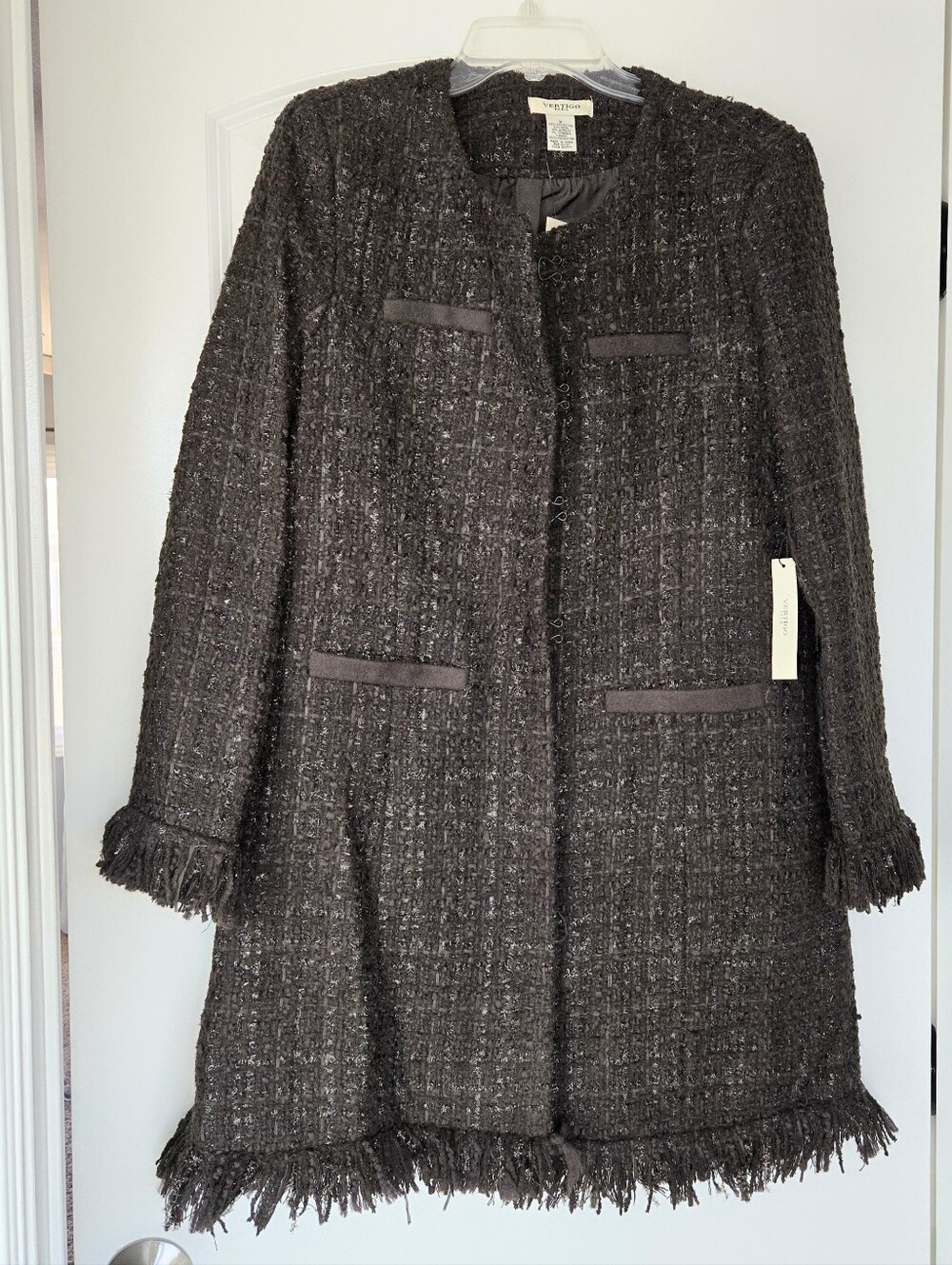 Vertigo Black Tweed Fringe-Trim Long Coat